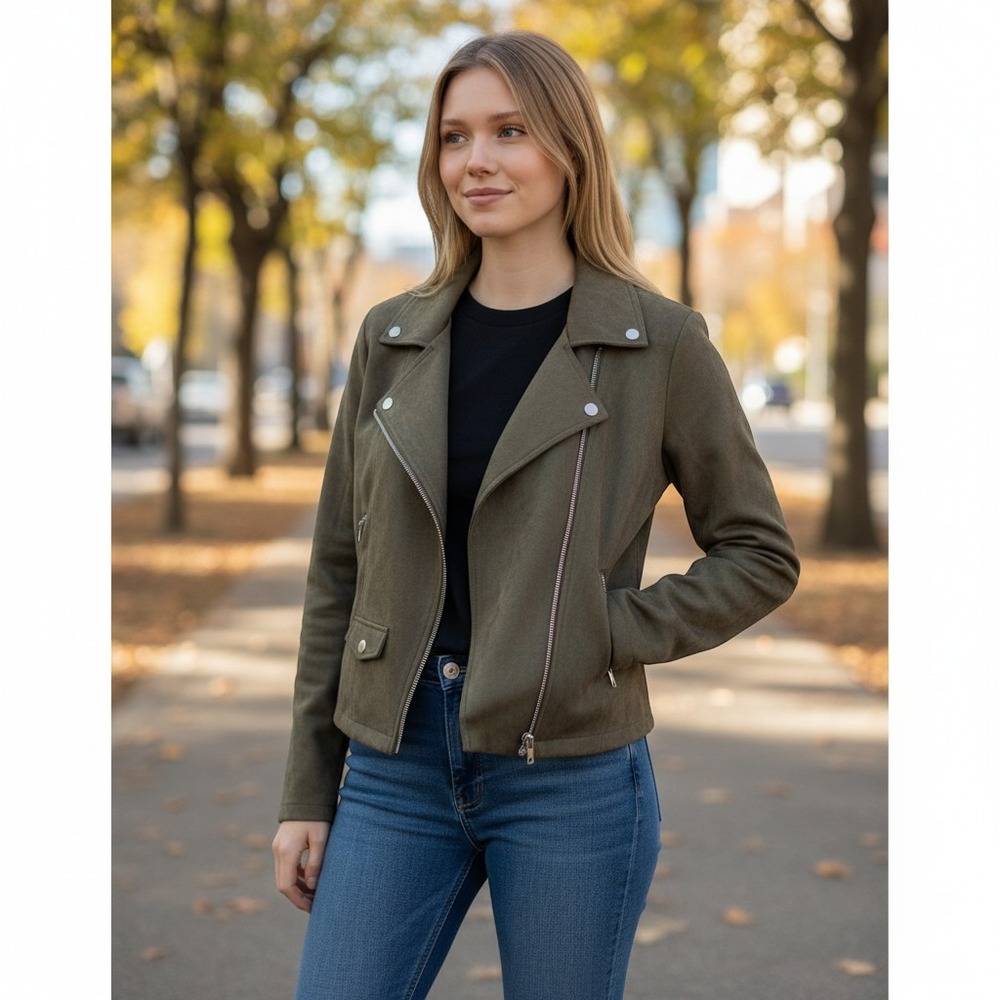 Rielle Womens XL Faux Suede Moto Jacket Olive Green Asymmetrical Zip Biker Coat